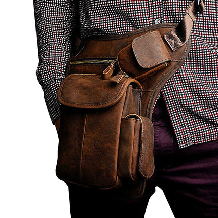 Leather Waist Pack Drop Leg Bag for Men Women Belt Bumbag Multi-Purpose Motorcycle Bike Outdoor Sports Tactical Cycling Riding Hiking Camping Pouch, #12Deep Brown, Medium