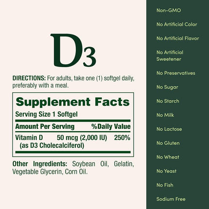 Nature's Bounty Vitamin D3 2000 IU, 240 Softgels