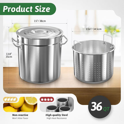 Olla de acero inoxidable de 36 cuartos para cocer mariscos con tapa, para cangrejo, langosta, camarones, con colador, olla para freír pavo, olla profunda para caldo, freidora para uso comercial en exteriores