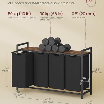 VASAGLE Laundry Hamper, Laundry Basket, Laundry Sorter with 4 Pull-Out and Removable Bags, Shelf, Metal Frame, 4 x 10.6 Gallons (40 L), 45.7 x 13 x 28.4 Inches, Ink Black and Rustic Brown UBLH401B01
