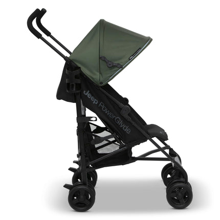 Jeep PowerGlyde Stroller by Delta Children - Lightweight Travel Stroller with Softer Drive and Compact Fold, 3-Position Recliner, Extra Large Storage Basket, Olive Green