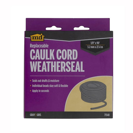 M-D Building Products 71548 M-D Replaceable Caulking Cord, 1/8 in W X 90 Ft L, Gray, 90'