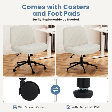 Chaise de bureau à roulettes DUMOS Criss Cross, chaises de bureau/coiffeuse larges à pieds croisés, chaises pivotantes réglables sans accoudoirs en tissu pour ordinateur/travail à domicile, beige