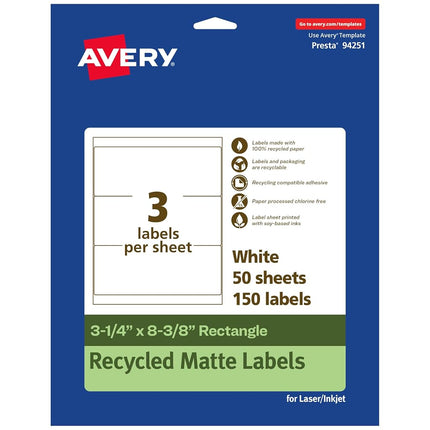Avery EcoFriendly Matte White Recycled Rectangle Labels, 3-1/4" x 8-3/8", Matte White Labels, Permanent Label Adhesive, Laser/Inkjet, 150 Printable Labels