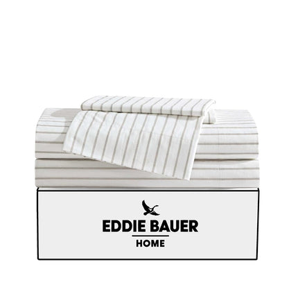 Eddie Bauer - Twin Sheet Set, Cotton Percale Bedding Set, Super Soft and Cozy Home Decor, Oeko-Tex Certified (Essential Stripe Beige, Twin)