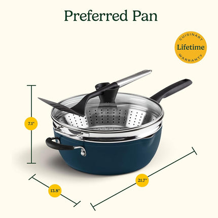Juego de 4 sartenes preferidas de Cuisinart - Azul marino (sartén multiusos de 4.5 cuartos con tapa, vaporera, espátula ranurada)