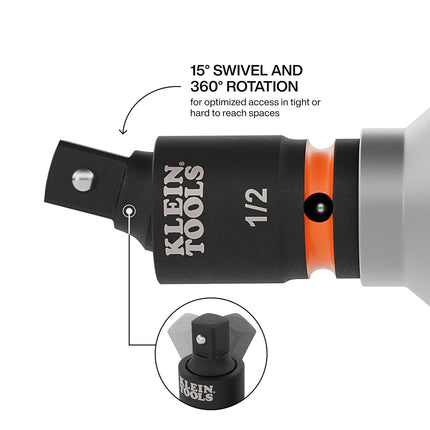 Klein Tools 65842SW Impact Wrench Swivel Square-Drive Adapter Set, 2-Piece, 15-Degree, Ball Detent, High-Visibility, Fixed-Position and Swivel Socket Adapter
