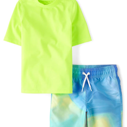The Children's Place Boys' Short Sleeve Rashguard and Swim Trunk 2-Piece Set, Bubbly Blue, Large