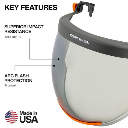 KLEIN TOOLS 03600 Arc Flash Face Shield, Made In USA, Full Brim Arc Rated Shield, ATPV 21 Cal/cm Electrical PPE, Hard Hat Accessory