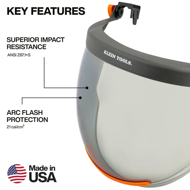 KLEIN TOOLS 03600 Arc Flash Face Shield, Made In USA, Full Brim Arc Rated Shield, ATPV 21 Cal/cm Electrical PPE, Hard Hat Accessory