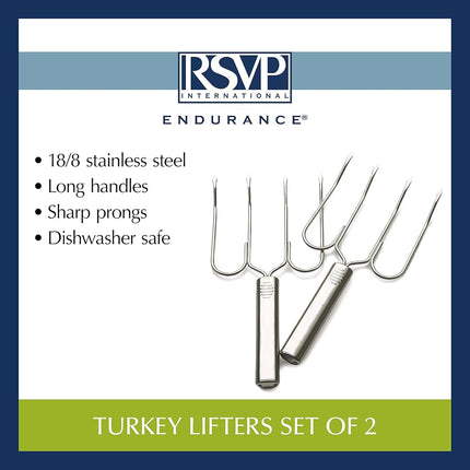 RSVP International Endurance® (LFT-2) Stainless Steel Turkey & Roast Lifters, Set of 2 | Transfer Turkey or Ham Easily | Long Handles for Strong Grip | Dishwasher Safe | Great for Thanksgiving