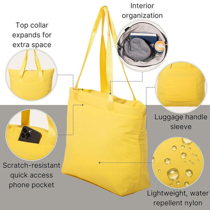 Baggallini Swift Tote Bag for Women - Lightweight 12x16 Nylon Zipped Travel Carry On Bag w/Luggage Sleeve, B-lite Lemon