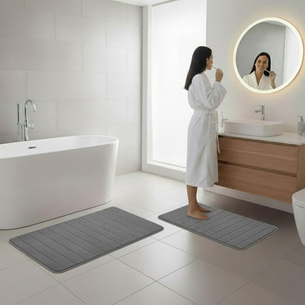 Bedford Home 2 Piece Memory Foam Striped Bath Mat Set Platinum
