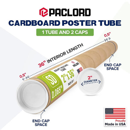 Paclord 2" x 36" Reinforced Kraft Paper Mailing Tube (Pack of 1) with 2 Caps