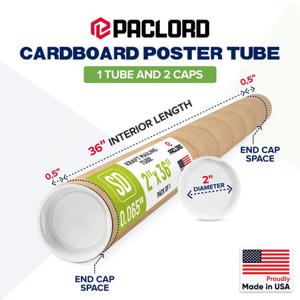 Paclord 2" x 36" Reinforced Kraft Paper Mailing Tube (Pack of 1) with 2 Caps