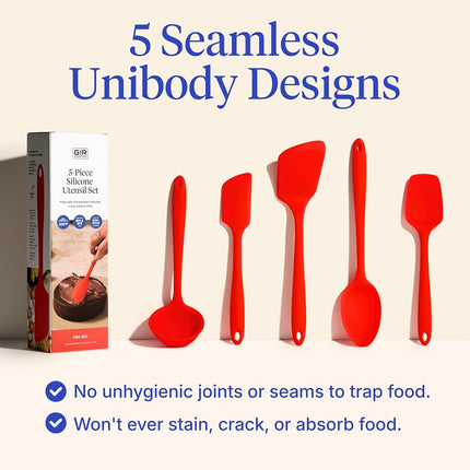 GIR: Get It Right 5-Piece Silicone Essentials Kitchen Utensils Set - Ladle, Spatula, Flip, Spoon & Spoonula - Non-Toxic Cooking Utensils for Nonstick Cookware, Cooking and Baking - Fire Red