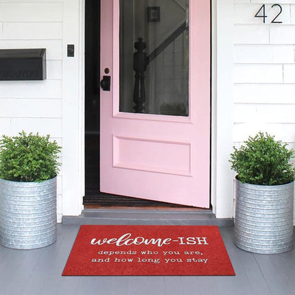 JJUUYOU Welcome Mats for Front Door Outdoor Entry Funny Welcome Ish Depends Who You are Doormat Non Slip Rubber Mat for Home Indoor Farmhouse Funny Kitchen Rugs Patio Red