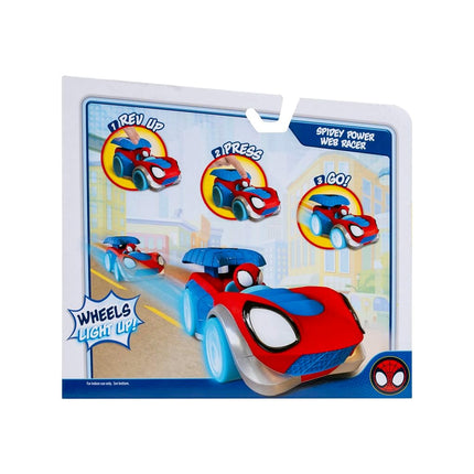SPIDEY AND HIS AMAZING FRIENDS MARVEL Power Web Racer - 8-Inch Vehicle with Rev Up Spoiler, Light Up Wheels, and Built-In-Character