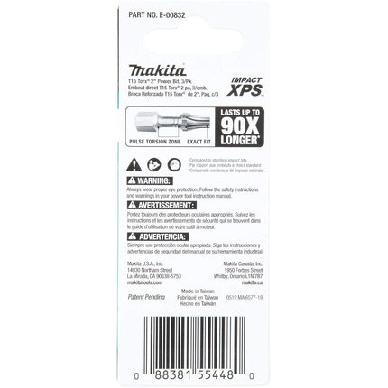 Makita E-00832 Impact XPS T15 Torx 2" Power Bit, 3/pk