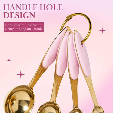 Paris Hilton Measuring Cups and Spoons Set, Stainless Steel with Pink Silicone Inset Handle, Dishwasher Safe, for Dry and Liquid Ingredients, 8-Piece Set, Gold and Pink