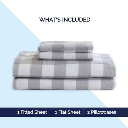 Elegant Comfort Soft 4-Piece 100% Turkish Cotton Flannel Sheet Set - Premium Quality, Deep Pocket Fitted Sheet, Ultra Soft, Cozy Warm and Anti-Pill Flannel Sheets - Twin XL, Buffalo Check Gray