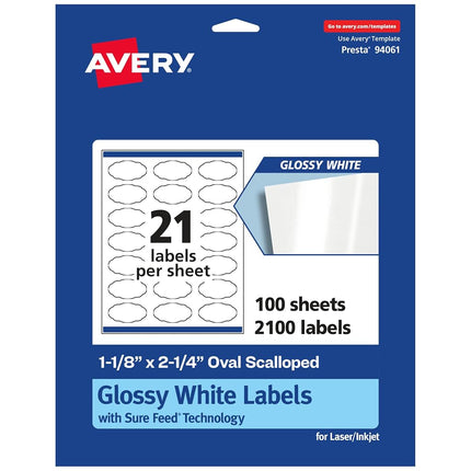 Avery Glossy White Oval Scalloped Labels with Sure Feed, 1-1/8" x 2-1/4", 2,100 Glossy White Labels, Print-to-The-Edge, Permanent Label Adhesive, Laser/Inkjet Printable Labels