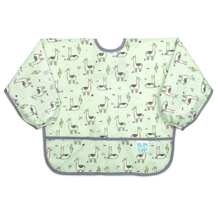 Bumkins Sleeved Bib, Handy Tie Closure for Custom Fit, Catch-All Pocket, Baby-Led Weaning, Waterproof, Machine Washable, Stain & Odour Resistant, BPA Free, 6-24 Months, Llama Design