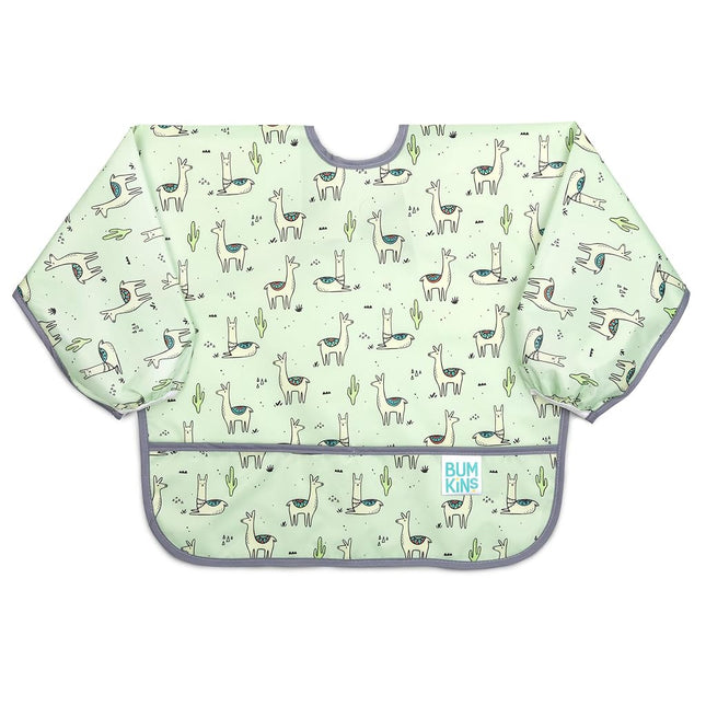 Bumkins Sleeved Bib, Handy Tie Closure for Custom Fit, Catch-All Pocket, Baby-Led Weaning, Waterproof, Machine Washable, Stain & Odour Resistant, BPA Free, 6-24 Months, Llama Design
