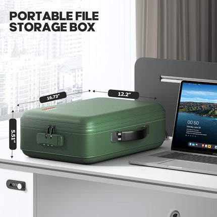 BigPonPon Fireproof Document Box, Hard Case Highly Flame-Resistant Fire Proof Waterproof File Organizer with Lock, Portable Fire Safe for Important Documents & Valuables Storage (Green, ‎16"*12"*5")