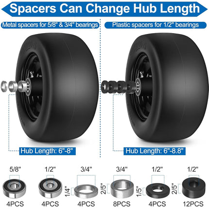 phepetroll 11x6.00-5 Flat Free Lawn Mower Tires and Wheels 3/4" 5/8" 1/2" Ball Bearings, 6"-8" Centered Hub 11x6-5 Zero Turn Mower Front Tires, Smooth Wheels for Commercial Grade Lawn