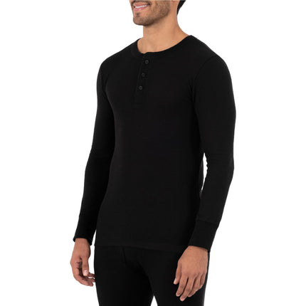 Fruit of the Loom Men's Recycled Waffle Thermal Underwear Henley Top (1 and 2 Packs) Pajama, Black, Large