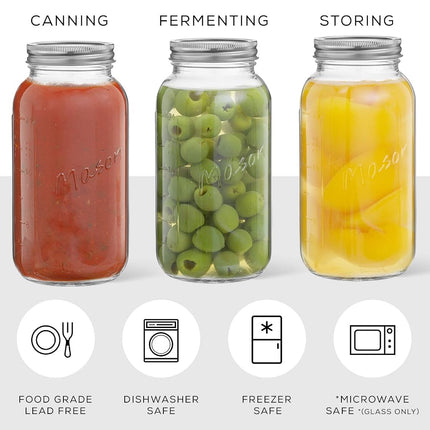 32 Oz Mason Jars With Lids, Labels and Measures! 6-Pack Regular Mouth Mason Jars, Glass Jar with Lid and Band. Airtight Canning Jars, Overnight Oats Jars, Salad Jars, Sourdough Starter Jar