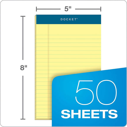 TOPS 5 x 8 Legal Pads, 12 Pack, Docket Brand, Narrow Ruled, Yellow Paper, 50 Sheets Per Writing Pad, Made in The USA (63350)