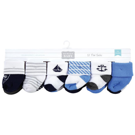 Hudson Baby baby-boys Cotton Rich Newborn and Terry Socks, Nautical 12-pack, 0-6 Months