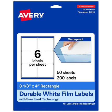 Avery Waterproof Rectangle Labels with Sure Feed, 3-1/3" x 4", 300 White Labels (36572)