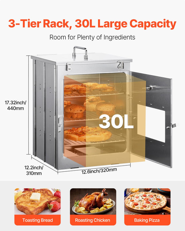 VEVOR Foldable Camping Oven, Stainless Steel Portable Camping Stove, with 3 Tier Grill, Handle and Thermometer, Use with Wood Burning Fire, Propane Stoves, for Baking Bread, Pizza, Outdoor Cooking