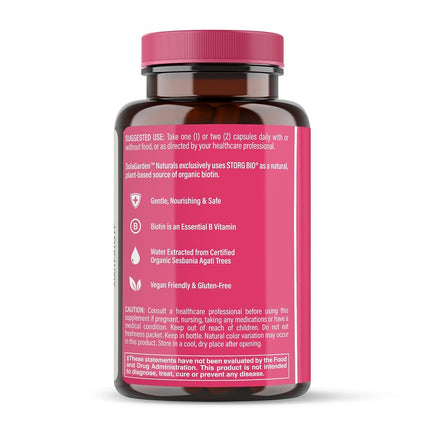 USDA Organic Whole Food Biotin Supplement, Made with Plant-Based Biotin from Sesbania Agati Trees, by SolaGarden Naturals, 60 Non-GMO Vegan Capsules, Supports Hair, Skin, and Nails, Made in USA