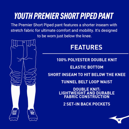 Mizuno Youth Premier Short Piped Pants, Grey/Royal, XX-Large