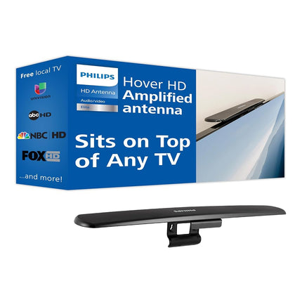 Philips Hover Amplified HD Digital TV Antenna, Long Range Smart TV Antenna, Easy Mount on Top of TV Design, Supports 4K 1080P HD VHF UHF, Signal Booster, Coax HDTV Cable/AC Adapter, SDV7219N/27