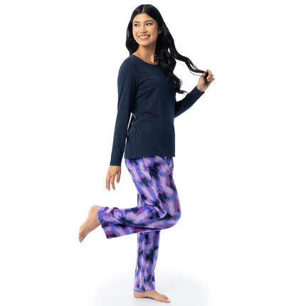Fruit of the Loom womens Sueded Jersey Crew Top and Fleece Pant Sleep Set, Navy/Abstract, M