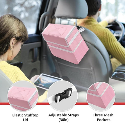 Simple Deluxe 2 Pack Car Trash Can, Multipurpose Bin with Lid and Storage Pockets, Collapsible Adjustable Straps and Portable Organizer, 2 Gallon, Pink