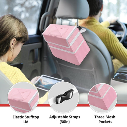 Simple Deluxe 2 Pack Car Trash Can, Multipurpose Bin with Lid and Storage Pockets, Collapsible Adjustable Straps and Portable Organizer, 2 Gallon, Pink