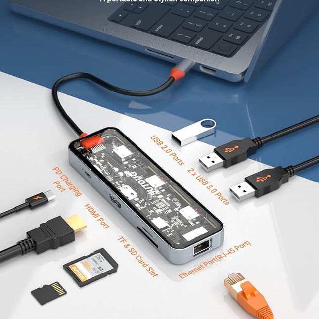 USB C Hub, SUTOUG 8 in 1 USB C Hub Multiport Adapter with 4K HDMI, 100W PD, 5Gbps USB 3.0, USB 2.0 Port, Ethernet Port, SD&TF Card Reader, USB C Dongle for MacBook Pro/Air and Other Type C Devices