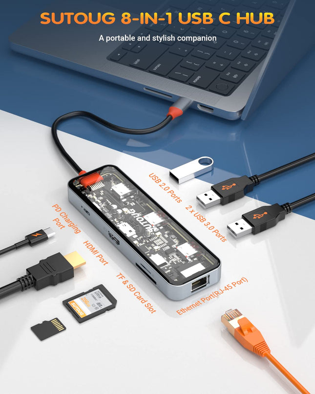 USB C Hub, SUTOUG 8 in 1 USB C Hub Multiport Adapter with 4K HDMI, 100W PD, 5Gbps USB 3.0, USB 2.0 Port, Ethernet Port, SD&TF Card Reader, USB C Dongle for MacBook Pro/Air and Other Type C Devices