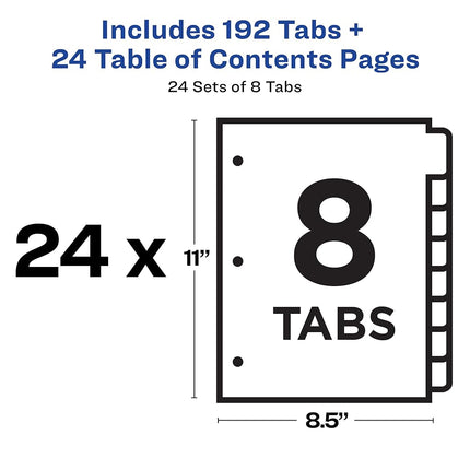 Avery 8 Tab Dividers for 3 Ring Binders, Customizable Table of Contents, Multicolor Tabs, 24 Sets (11168)
