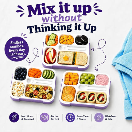 Bento-Box with Bag and Ice Pack Set. Lunch Boxes Snack Containers for Kids Boys Girls Adults. 6 Compartments, Leakproof Portion Container Boxes Insulated Bags for School Lunches, BPA Free, Purple…