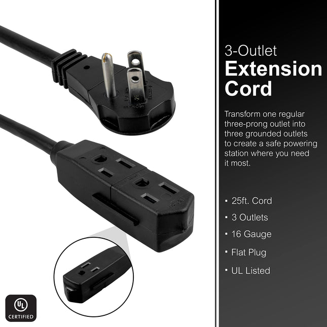 GE Indoor Extension Cord, 25 Ft Power Cable Outlet, 3 Grounded Outlets Power Strip, Right Angle Flat Extension Cord, 16 Gauge, UL Listed, Black, 69921