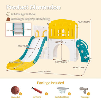 OLAKIDS Toddler Slide, 9 in 1 Kids Indoor Outdoor Playground with Climber Basketball Hoop Telescope Tunnel Corridor Toy Storage Steering Wheel for Boys Girls Aged 1+