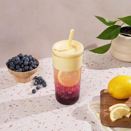 Ello Ava 18oz Glass Tumbler with Straw and Lid for Iced Coffee, Lemon