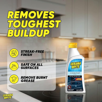Cerama Bryte Combo Kit POW-R Grip, Scraper, Pad & Removes Tough Stains Cooktop and Stove Top Cleaner for Glass - Ceramic Surfaces, 10 Ounces, 4 Piece